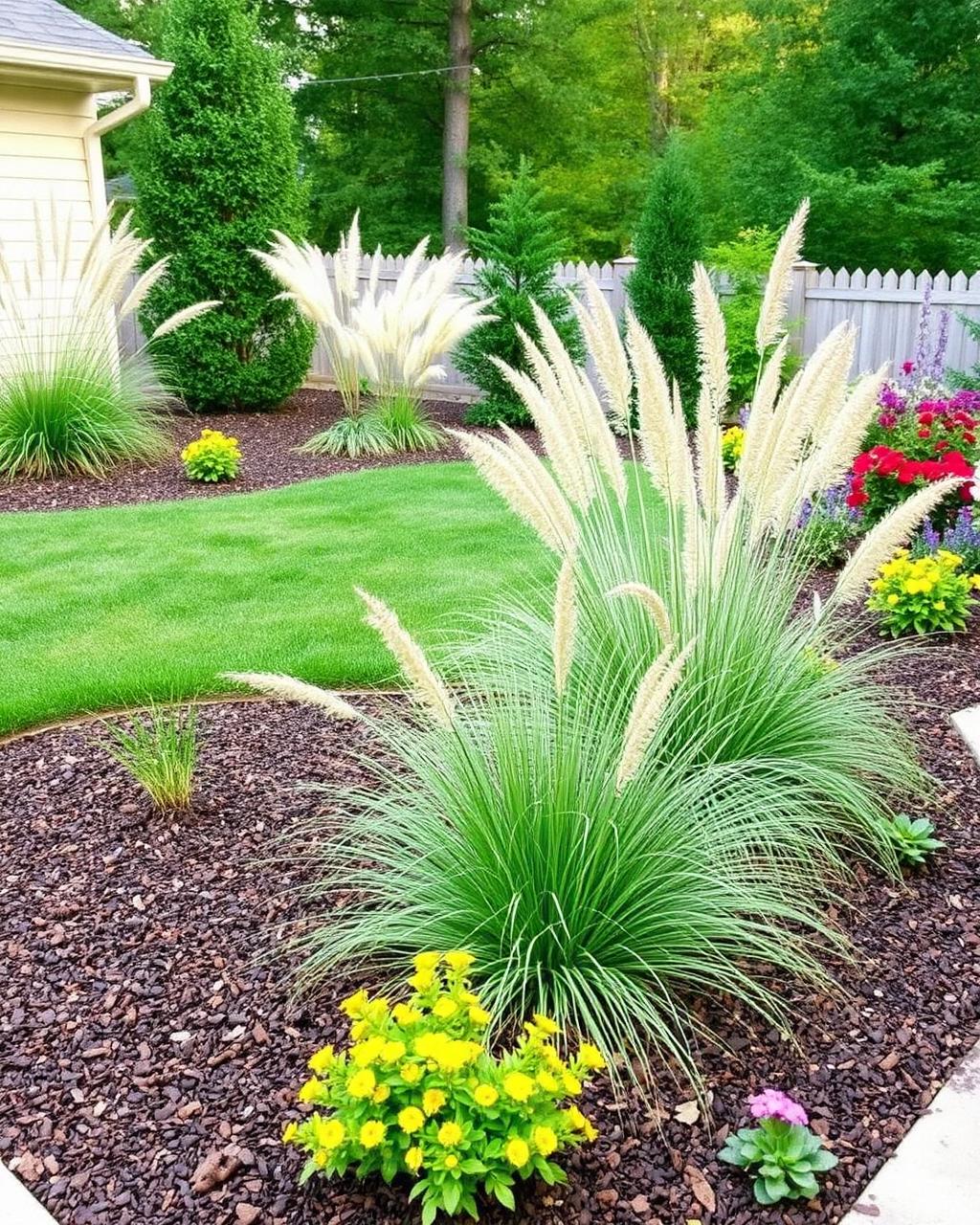 Landscaped backyard with ornamental grasses