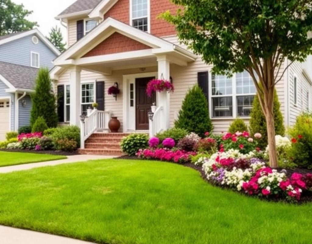 Curb appeal with green lawn and flowering plants